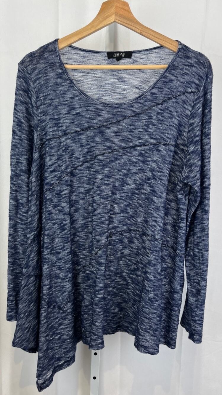 COMFY USA L Spacedye Tunic Top Scoop Neck Long Sleeve Pullover Asymmetric Blue